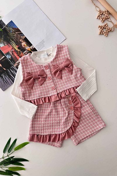 Minigimin Cicileri Pink Mini Ciceleri - Chanel Fabric with Leather Bow Detail and Skirt 3Pcs Set
