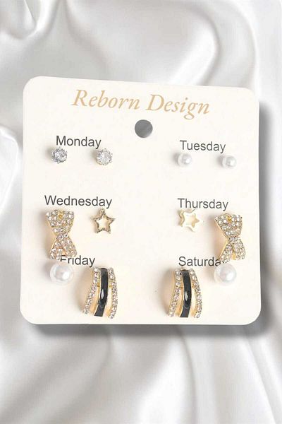 REBORN DESIGN Brass Gold Color Zircon Stone Star Detailed Pearled Set of 6 Women's Earrings Set
