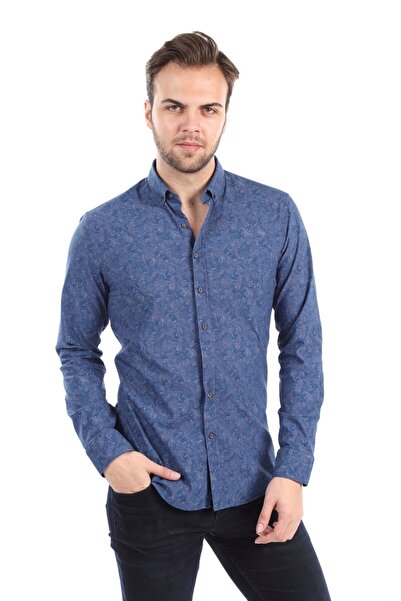 AGUSTİNİ Men's Blue Self Patterned Slim Fit Shirt |   Agustini