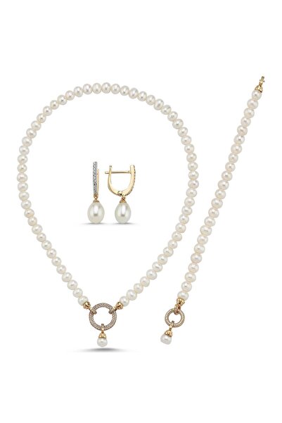 Birinci 14 Ayar Altın Halka Kilitli Doğal İnci Kolye Bileklik Küpe Üçlü Set