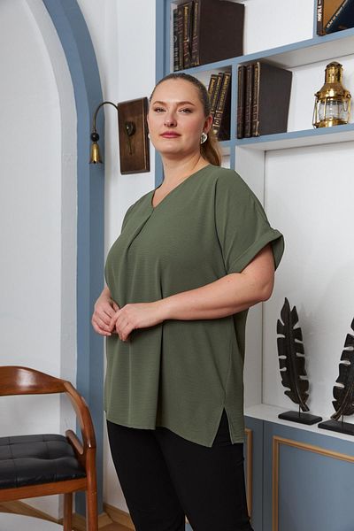RMG Large Size Blouse Khaki - Collar and Sleeve Detail Slit