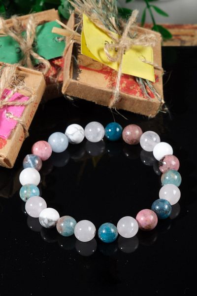 Ssilhoutte Doğaltaş Certified Natural Stone Women's Design Bracelet, Pink Quartz, Apatite, Moonstone Aquamarine Gift for Lover
