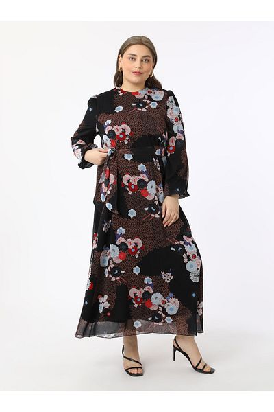 ALİA Plus Size Floral Print Chiffon Dress - Black - Alia