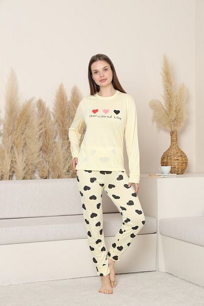 FAMES PİJAMA Women's Long Sleeve Heart Dezen Rafat Pajama Set Combed Cotton