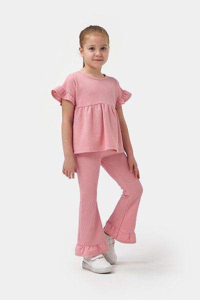 Minipodyum Girl's Summer Waffle Double Set with Drawstring Sleeves and Leg