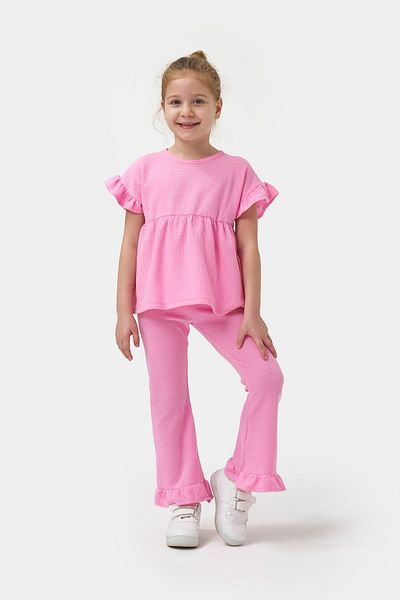 Minipodyum Girl's Summer Waffle Double Set with Drawstring Sleeves and Leg