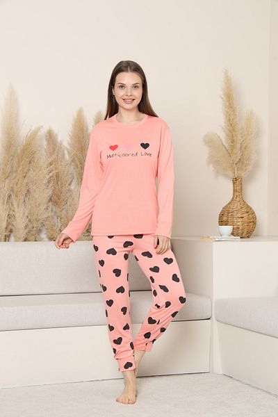 FAMES PİJAMA Women's Long Sleeve Heart Dezen Rafat Pajama Set Combed Cotton