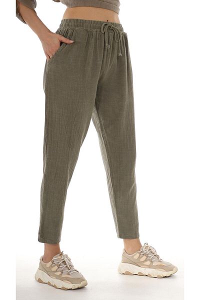 AYASOFYA OTANTIK Women's Khaki Elastic Waist Lace up Straight Linen Trousers with Side Pockets