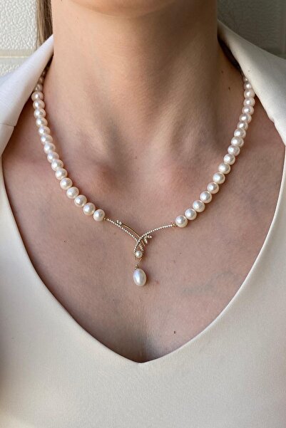 Birinci 14 Ayar Altın 7 mm Yaprak Taşlı Doğal İnci Sallantılı Kolye