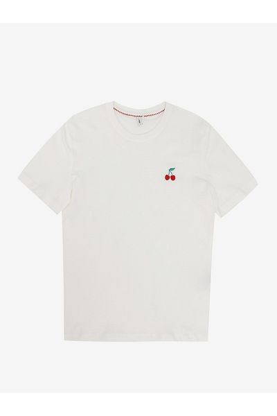 ONLY Women's Crew Neck Red Cherry Embroidered Basic T-Shirt 15344331   Onllina
