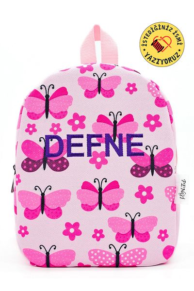 PENGİ [We Write the Name You Want with Embroidery] Pink Butterfly 0-8 Years Old Children's Backpack, Nursery Bag