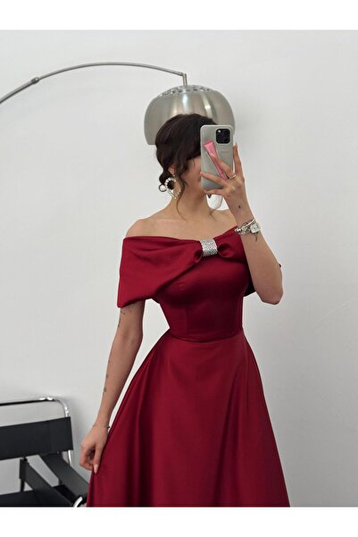 Serica Moda Bordo Önü Taşlı Fiyonk Detaylı  Abiye