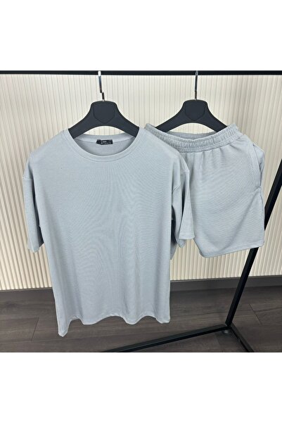 CAST COLLECTİON Men's Nardo Gray Corded Ottoman Fabric Shorts Tshirt Suit