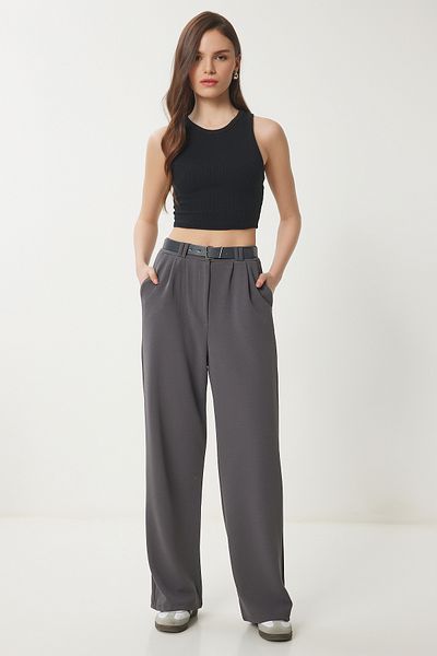Lovelyİstanbul Belted Comfortable Palazzo Knitted Trousers Smoked Lrv0093