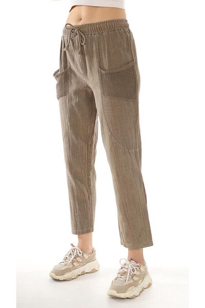 AYASOFYA OTANTIK Women's Brown Elastic Waist Lace-Up Mesh Pocket Carrot Linen Trousers
