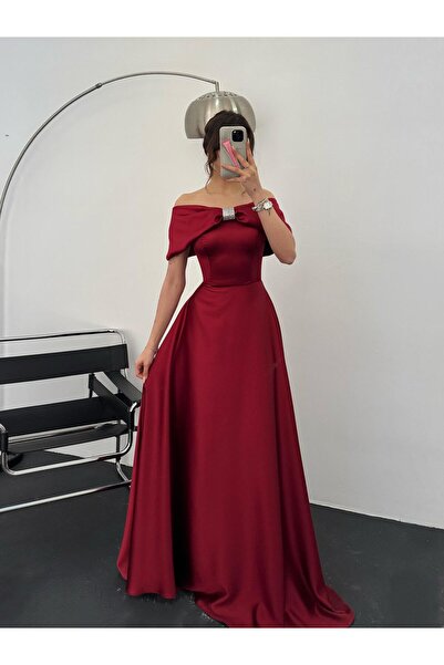 Serica Moda Bordo Önü Taşlı Fiyonk Detaylı  Abiye