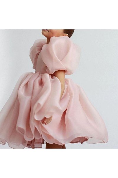 Mashotrend Balloon Sleeve Organza Design Evening Dress - Crystal Tulle Organza Evening Dress - Girls' Dress - Children's Evening Dress