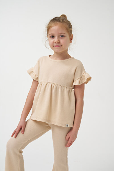 Minipodyum Girl's Summer Waffle Double Set with Drawstring Sleeves and Leg