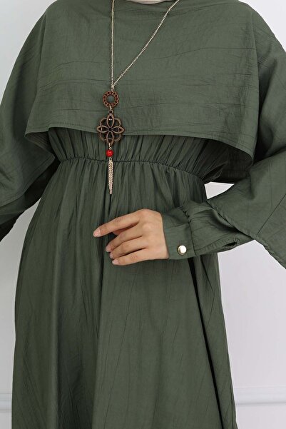 benguen Collar Detailed Necklace Dress Khaki 4809