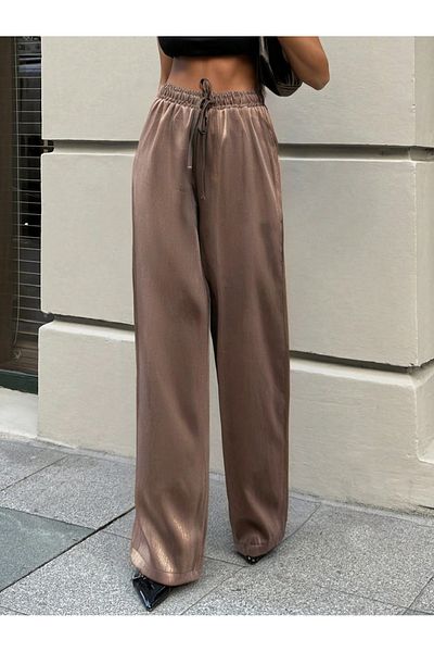 Güler Casual Dark Beige Color Shiny Fabric Women's Palazzo Trousers with Pockets