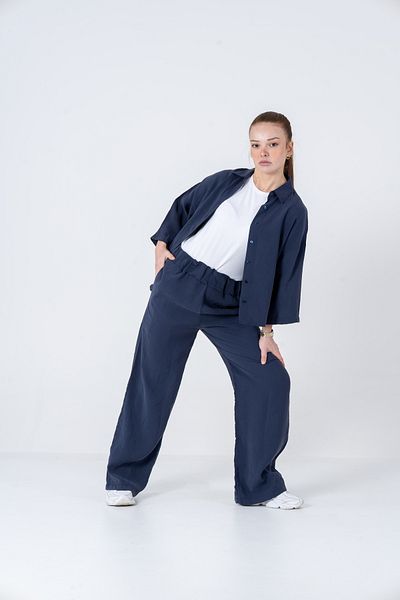 VerdeBlanco Oversize Palazzo Trousers and Shirt Set Navy Blue