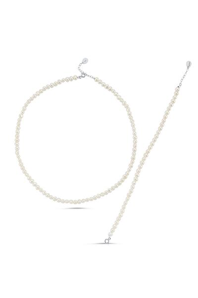 Birinci 14 Ayar Altın 5 mm Sıralı Top Barok İnci Kolye Bileklik İkili Set