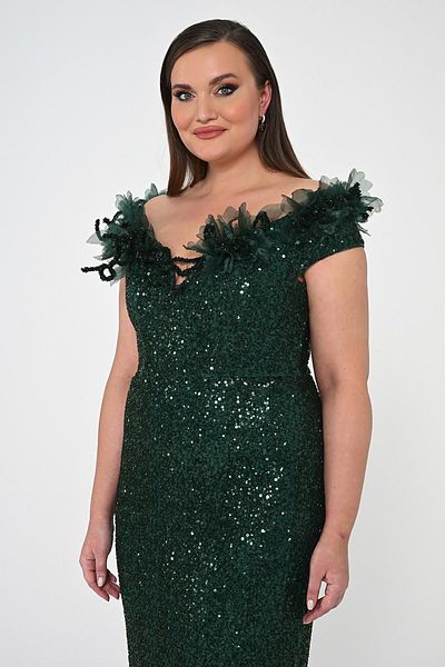 ALFABETA Alpha Beta Floral Boat Neck Sequin Long Evening Dress