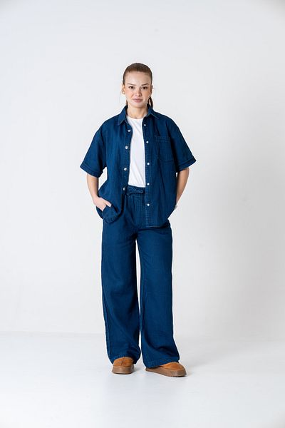 VerdeBlanco Navy Blue Denim Gabardine Palazzo Pants and Shirt Set