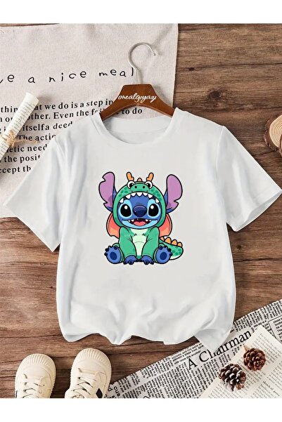 oneagılyazı Dinozor Stitch Baskılı Çocuk Oversize majica