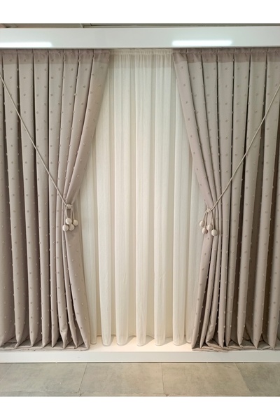 KN Tekstil 100*260  sık pile Vizon serpme ponponlu fon(2025) (bracol hediyeli)