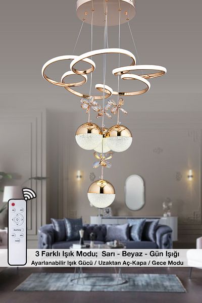 HİRALUCE Zeus 3 Color Gold (Yellow White and Daylight) Crystal Stone Led Chandelier with Remote Control and Dimmer