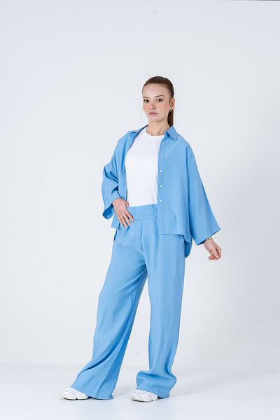 VerdeBlanco Set pantaloni și cămașă Palazzo oversize, albastru