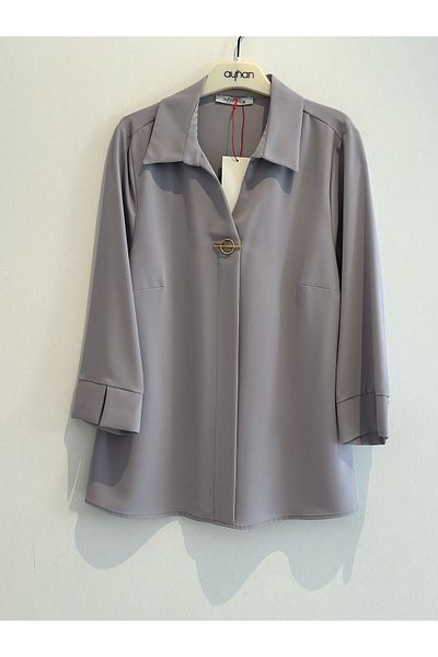 AYHAN Three Quarter Sleeve Crepe Blouse with Brooch