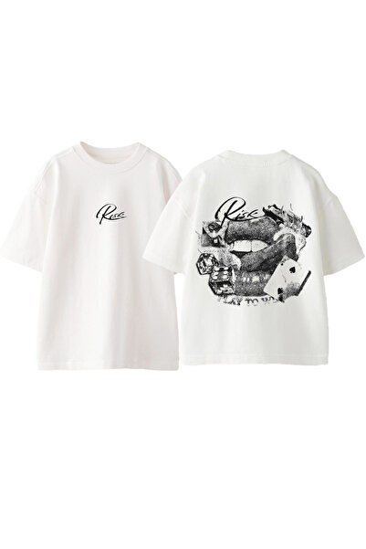 Anetos Tricou Risk Lip Design Back cu imprimeu Cotton White supradimensionat