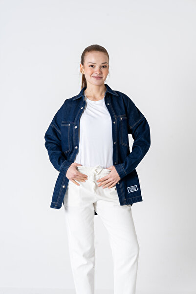 VerdeBlanco Cep Detaylı Nakışlı Kalın Kot Gömlek Koyu Lacivert