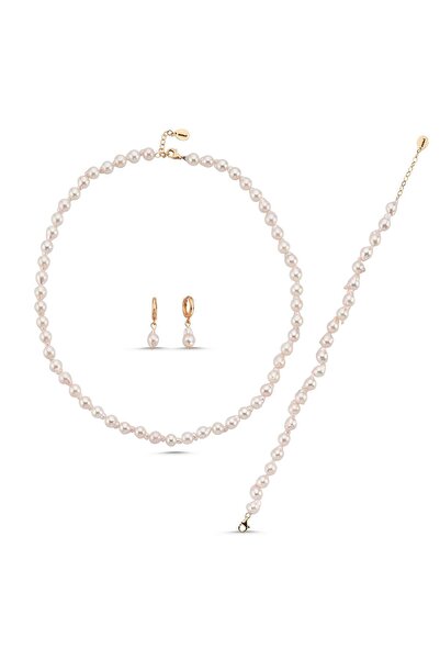 Birinci 14 Ayar Altın 8 mm Damla Barok İnci Kolye Bileklik Küpe Üçlü Set