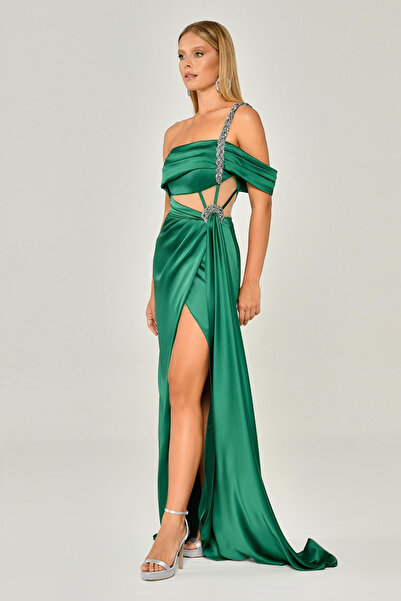 ALFABETA Alfa Beta Tek Omuz Taşlı Zincir Askılı Saten Uzun Abiye Elbise