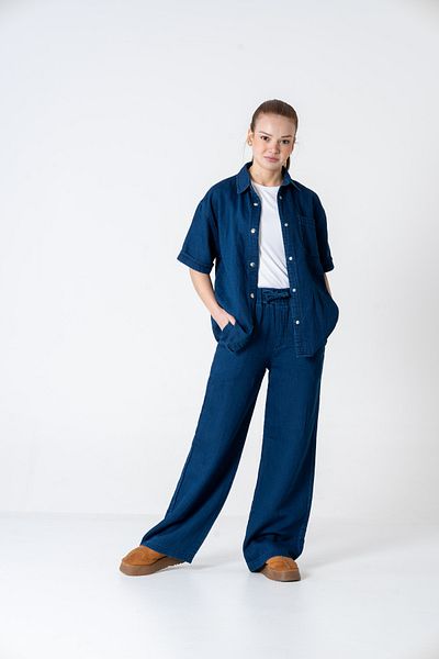 VerdeBlanco Navy Blue Denim Gabardine Palazzo Pants and Shirt Set
