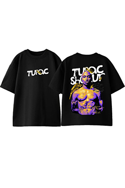 Anetos Tricou Tupac Design Back cu imprimeu Cotton Black supradimensionat