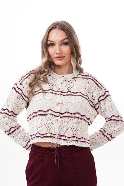 ŞİMAL Cardigan tricotat pentru femei, cu model în dungi, cu pompon, cu nasturi 250268   -