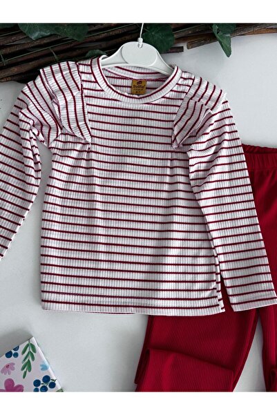 ribana Shoulder Ruffled Ribbed Spanish Leg Leopard Girl's Double Set