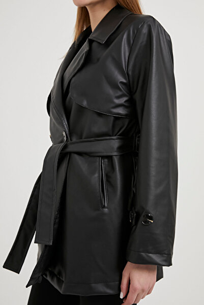 Arma Life Kadın Beli Kemerli Suni Deri Siyah Kısa Trençkot