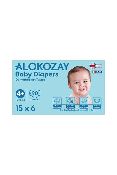 Alokozay Premium Baby Diapers - Size 4+ (10-16 Kg) - 15 Diapers X Pack of 6