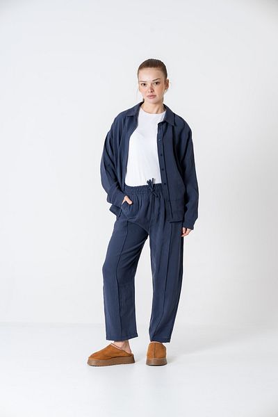 VerdeBlanco Front Oversize Trousers and Shirt Set Navy Blue