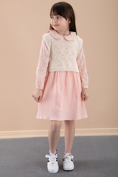 Cansın Mini Rochie de muselina pentru fete cu pulover brodat cu flori de somon 20480