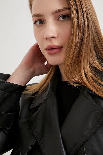 Arma Life Women's Faux Leather Black Short Trench Coat with Belt