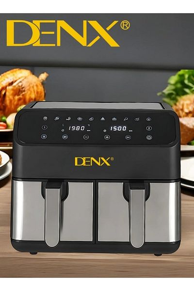 Denx مقلاة هوائية بسلة مزدوجة - متعددة الاستخدامات من الفولاذ المقاوم للصدأ، سعة 4 لتر + 4 لتر، منطقتان مستقلتان للطهي DX2091