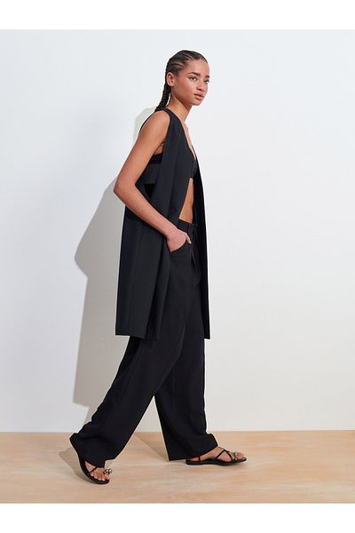 Dilvin 60574 V-Neck Long Vest with Side Window Detail-Black