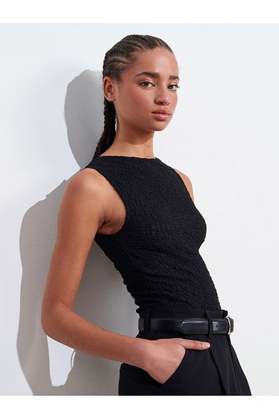 Dilvin 21016 Boat Neck Lace Top-Black