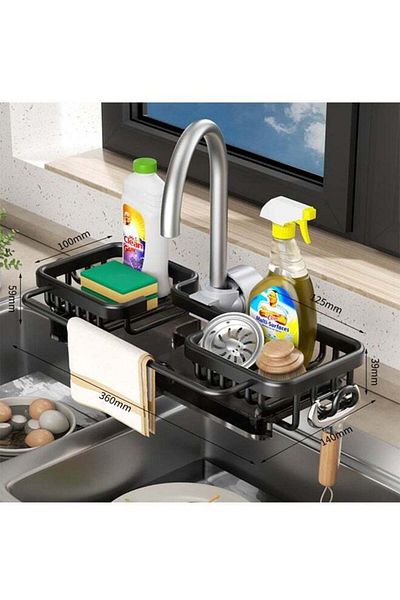 COOYA Faucet Sponge Holder, Upgraded Kitchen Sink Caddy Organizer with Dish Towels Drying Rack & Hooks